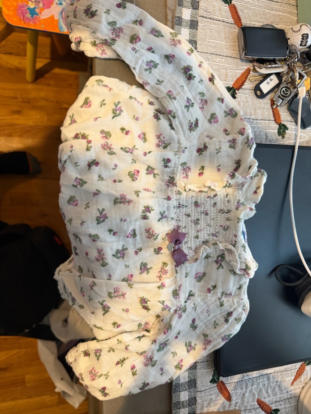 Mayoral White Floral Smocked Baby Top with Pink Accents